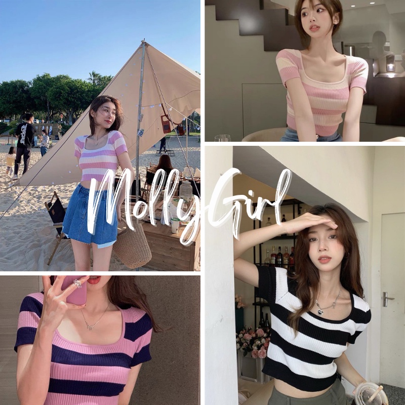 Mollygirl เสื้อแขนกุดสีลูกกวาดลายทางน่ารักสดใส เสื้อครอป เสื้อแฟชั่นผญ