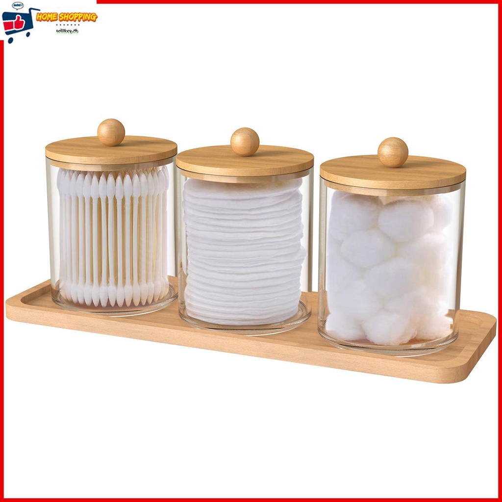 ชุด 3 ชิ้น Qtip กระปุกอะคริลิคใส พร้อมฝาปิดไม้ไผ่ สําหรับใส่สำลีและพัฟแป้ง กล่องใส่เครื่องแป้งเครื่องสำอางแบบตั้งโต๊ะ