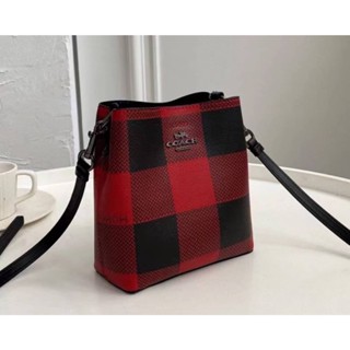 Coach MINI TOWN BUCKET BAG WITH BUFFALO PLAID PRINT (COACH C7267) SILVER/BLACK/1941 RED MULTI