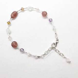 สร้อยข้อมือเงินมูนสโตน+สตอเบอรี่ควอตซ์+อเมทิสต์+เบริล (Moonstone+Strawberry Quartz+Amethyst+Baryl)