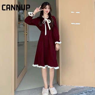 CANNUP ชุดสีแดง ชุดคริสต์มาส แขนยาว กระโปรงสั้น Dresses SA221050