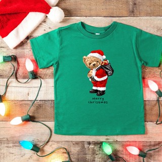 เสื้อยืด พิมพ์ลาย Merry Christmas Bear คุกกี้ สีแดง สีเขียว สําหรับเด็กผู้ชาย และเด็กผู้หญิง 6 สี