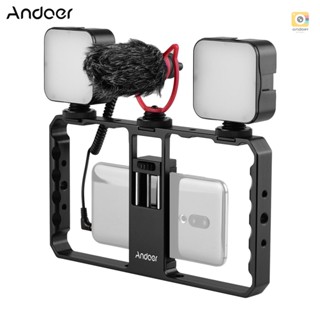 Andoer สมาร์ทโฟนวิดีโอ Rig Grip พร้อม Rig Dual LED Light ไมโครโฟนพร้อมช็อตเมาท์ สําหรับ Vlog ฟิล์มทําเข้ากันได้กับ iPhone Samsung HUAWEI