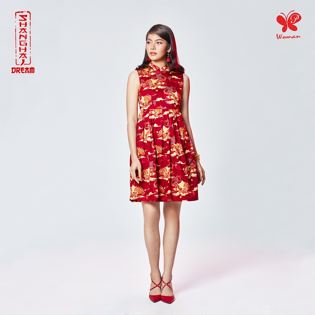 Papillon Woman Shanghai Dream Satin Dress Sleeveless เดรสตรุษจีน พิมพ์ลายมังกร