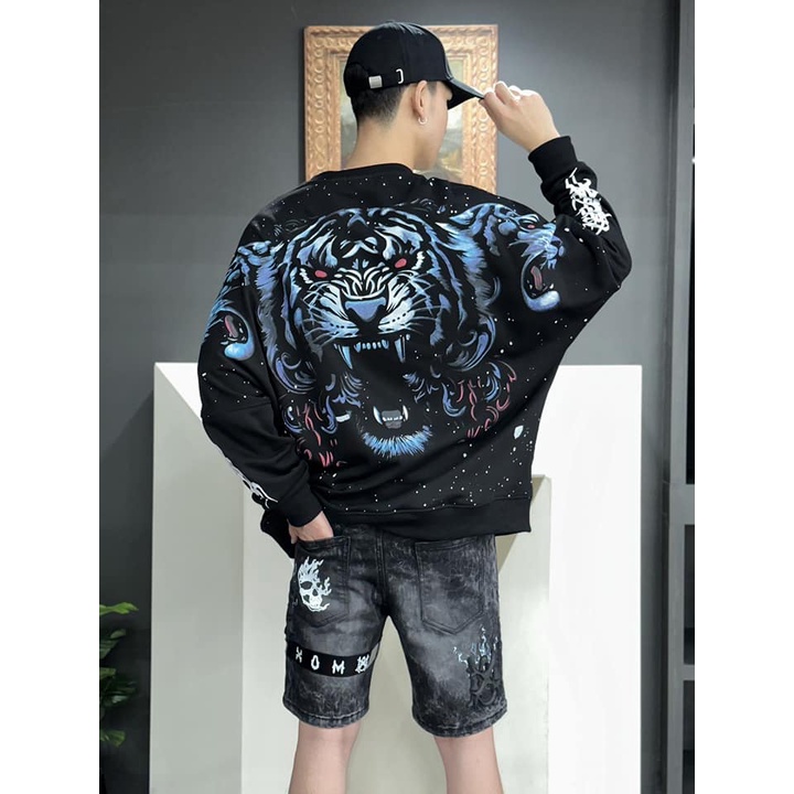 XOM401 เสื้อสเวตเตอร์ พิมพ์ลายเสือ เสื้อยืดแขนยาว ทรงปีกนก