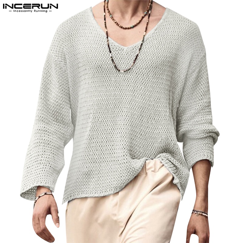 Incerun เสื้อยืด แขนยาว คอวี ทรงหลวม สีพื้น 4 สี สําหรับผู้ชาย