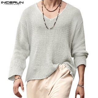 Incerun เสื้อยืด แขนยาว คอวี ทรงหลวม สีพื้น 4 สี สําหรับผู้ช…
