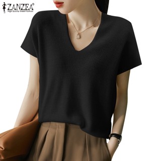 Zanzea เสื้อยืดลําลอง คอวี แขนสั้น ผ้าถัก ทรงหลวม สีพื้น วาฟเฟิล สําหรับสตรี