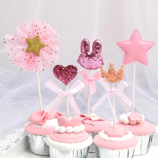 ป้ายปักเค้ก CAKE ป้ายตกแต่งเค้ก Happy Birthday อุปกรณ์ตกแต่งเค้กรูปหัวใจดาวมงกุฎกระต่าย5ชิ้น C26