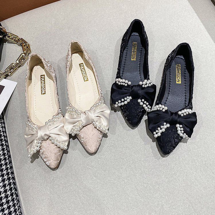 พร้อมส่ง  รองเท้าแตะส้นแบนสีเบจหวาน, รองเท้าไม่มีส้น, หัวแหลม, ฝรั่งเศส, โบว์, นัวเนีย, มุก, สง่างาม, ไม่เป็นทางการ, นั ราคา ถูกที่สุด ดีลบีเคเค แกลเลอรีภาพที่ 8