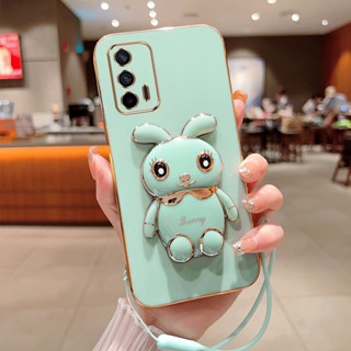 เคสโทรศัพท์มือถือ ชุบไฟฟ้า ขอบตรง ลายกระต่ายน่ารัก พร้อมขาตั้ง สําหรับ realme GT realme GT neo2 realme GT neo3 realme GT Master realme XT realme C31 realme C30s