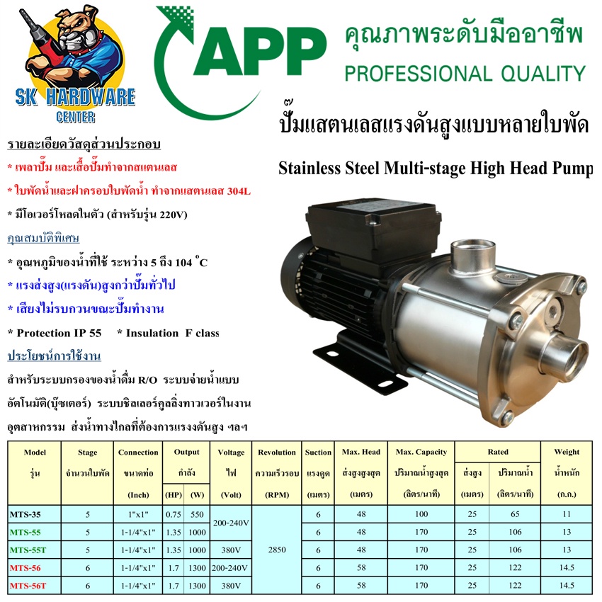 ปั้มน้ำแสตนเลส แรงดันสูง หลายใบพัด มีขนาด 1นิ้ว - 1 1/4นิ้ว กำลัง 550 - 1000 วัตต์ APP รุ่น MTS
