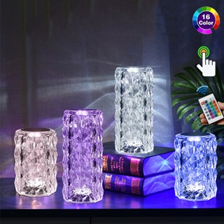 ♫โคมไฟตั้งโต๊ะคริสตัล USB ชาร์จใหม่ได้ LED Rose Light 3/16สี Touch Remote Diamond Lamps Room Decor ข้างเตียง Night Light Desktop Projector Lights