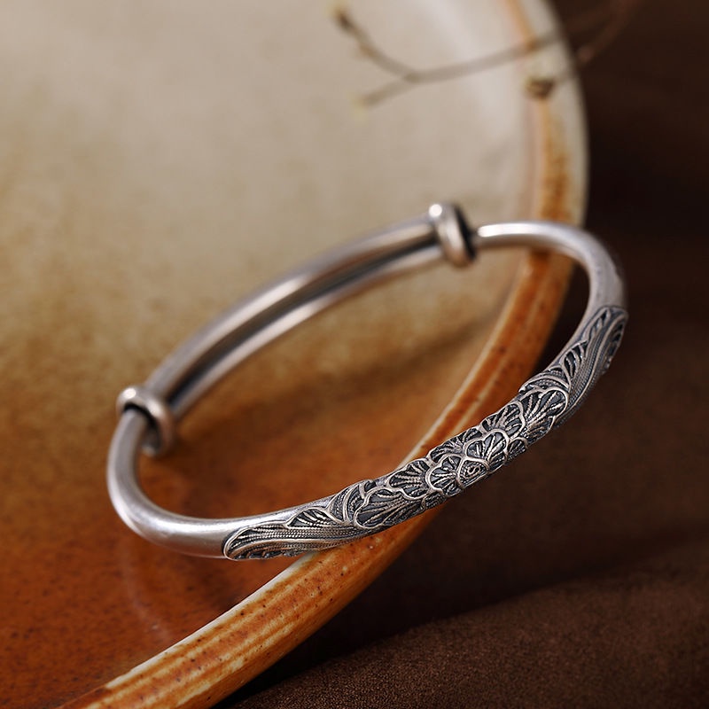 Miyan S925 สร้อยข้อมือเงินทําด้วยมือ Filigree Peony ดอกไม้ Retro สไตล์เลื่อนสุภาพสตรีสร้อยข้อมือ Simple Solid Distressed สร้อยข้อมือส่งแม่ส่งผู้สูงอายุ