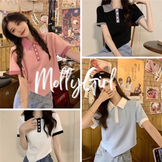 Mollygirl เสื้อครอปคอปก สีมินืมอลสไตล์เกาหลี เสื้อครอป เสื้อแฟชั่นผญ 83120#