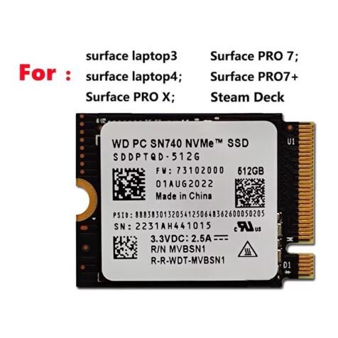 ดาดฟ้าไอน้ํา WD SN740 512GB M.2 NVMe 2230 PCIe4.0x4 SSD สําหรับแล็ปท็อป Microsoft Surface ProX Surface
