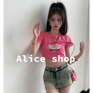 Alice  เสื้อยืด เสื้อครอปหญิง คอกลม รัดรูป แขนสั้น เสื้อครอปแฟชั่น  รุ่นใหม่ ins Beautiful สวย A29J03N 36Z230909