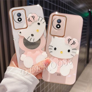 เคสโทรศัพท์มือถือ ลายแมวน่ารัก สีชมพู สีขาว พร้อมกระจก สําหรับ VIVO Y01 Y02