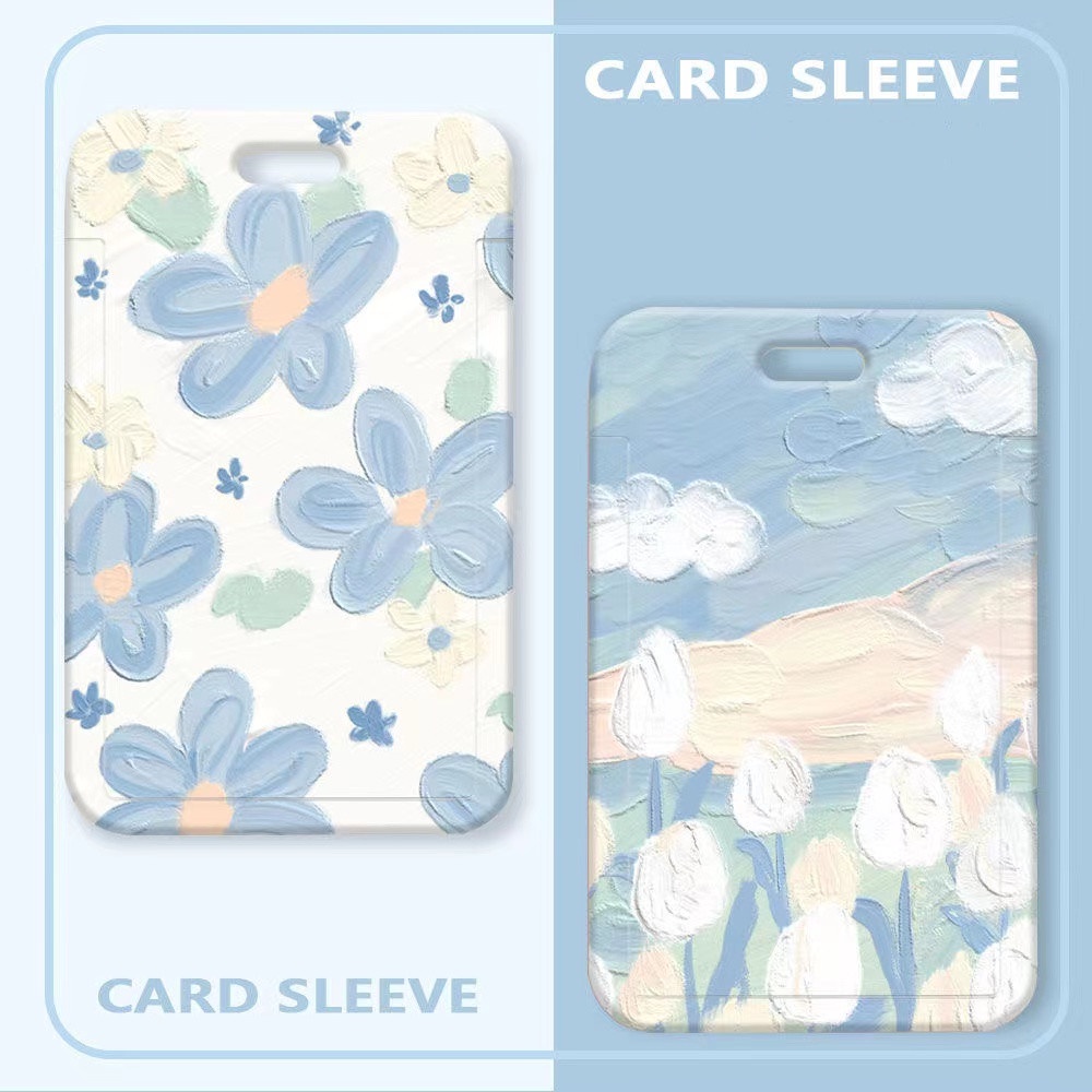 กระเป๋าใส่นามบัตร บัตรรถบัส ลายภาพวาดสีน้ํามัน รูปดอกไม้ สีฟ้า สําหรับนักเรียน โรงอาหาร บัตรประจําตัวประชาชน