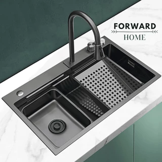 Forward ซิงค์ล้างจาน ซิงค์ล้างจานสแตนเลส อ่างล้างจาน สีดำ ขนาด75x46 อุปกรณ์ครบชุด black stainless steel sink รุ่น HM7546