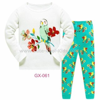 L-HUGX-061 ชุดนอนเด็กหญิง แนวเข้ารูป Slim Fit ผ้า Cotton 100% เนื้อบาง สีขาวเขียว ลายนก