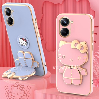 For Realme 10 Pro +Plus 10T 5G 4G เคส Cute Cartoon Hello-Kitty Candy Plating Casing with Portable Make-up Mirror Phone Holder Magnetic Suction Function Soft Case เคสโทรศัพท