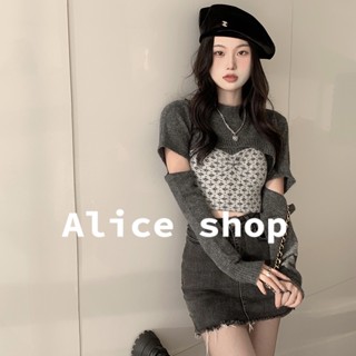 Alice  เสื้อครอปหญิง ปาดไหล่ ใส่สบายๆ แฟชั่น 2022 ใหม่  พิเศษ ทันสมัย รุ่นใหม่ Trendy MO22115 36Z230909