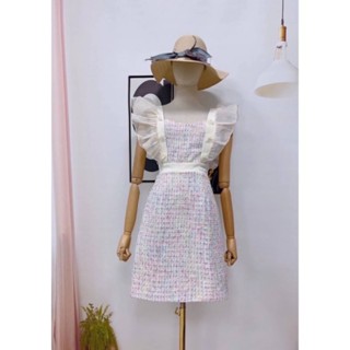 🌷Ivory Tweed Dress S M L เดรสผ้าทวิต สีครีม เดรสสั้น แขนกุด แต่งระบาย ปักดอกไม้ 3D ซับในทั้งชุด ชุดออกงาน งานแต่ง