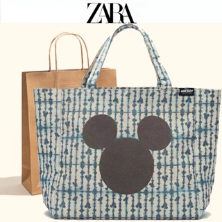 Zara กระเป๋าสะพายไหล่ กระเป๋าช้อปปิ้ง ผ้าแคนวาส ทรงโท้ท ขนาดเล็ก ลายมิกกี้เมาส์ สําหรับผู้หญิง 2022