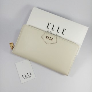 ELLE Bag กระเป๋าสตางค์ผู้หญิงใบยาวซิปรอบ สีขาวครีม (ใบใหญ่) หนังเรียบ อะไหล่สีทอง