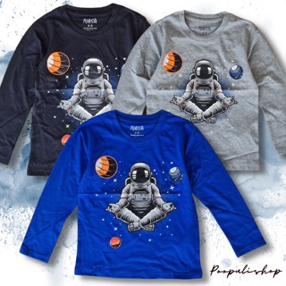 เสื้อยืดเด็กชาย แขนยาว สกรีนลายอวกาศ  ผ้าคอลตอล 3 สี เนื้อผ้านิ่ม ลายสกรีนไม่หลุดลอก