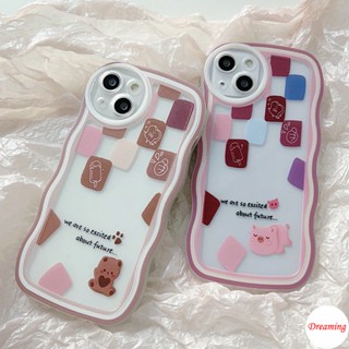 เคสใช้ได้กับ iPhone 14 13 12 Mini 11 Pro X XR XS Max SE 2020 7 8 Plus รูปไข่ Big Eye ลายหยัก Motif Square Love Bear