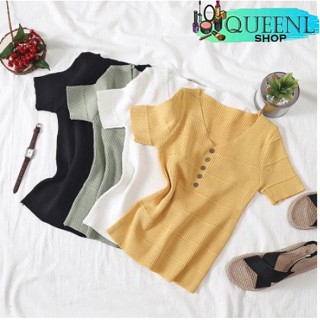 jqchzn เสื้อยืดคอวีสีพื้นแต่งกระดุม ผ้าไหมพรม Free Size  เสื้อไหมพรม เสื้อผ้าผู้หญิง