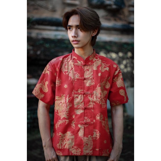 ลดราคาจุกๆ เสื้อผ้าฝ้ายพื้นเมืองตรุษจีนสีแดงลายมังกร เสื้อคลุมมีหมวก