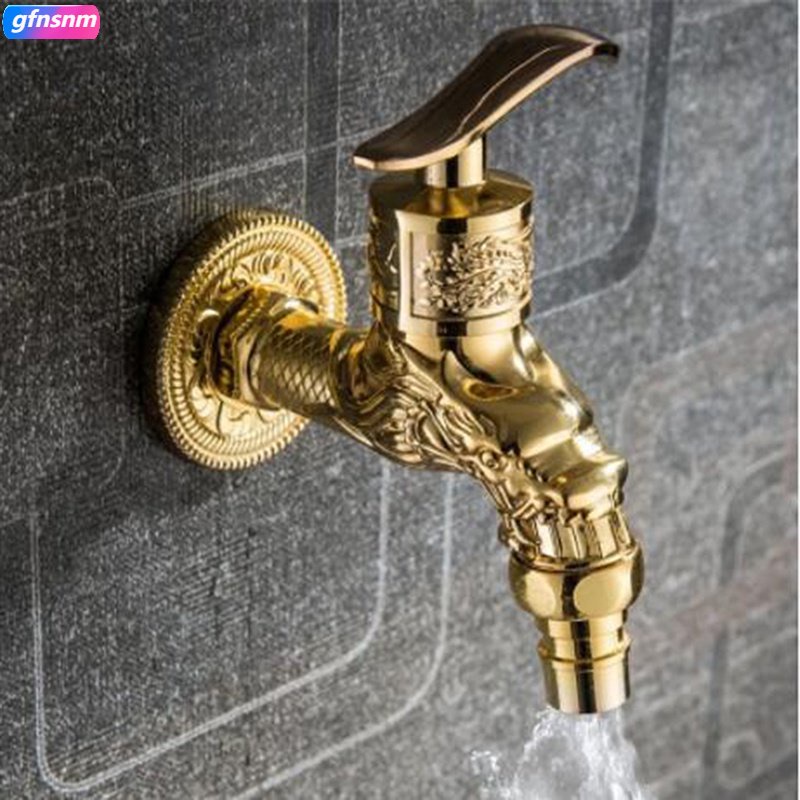 ห้องน้ํา Antique Bronze Dragon แกะสลัก Water Tap Golden Wall Mount ก๊อกน้ํา Bibcock Taps ห้องครัว [B