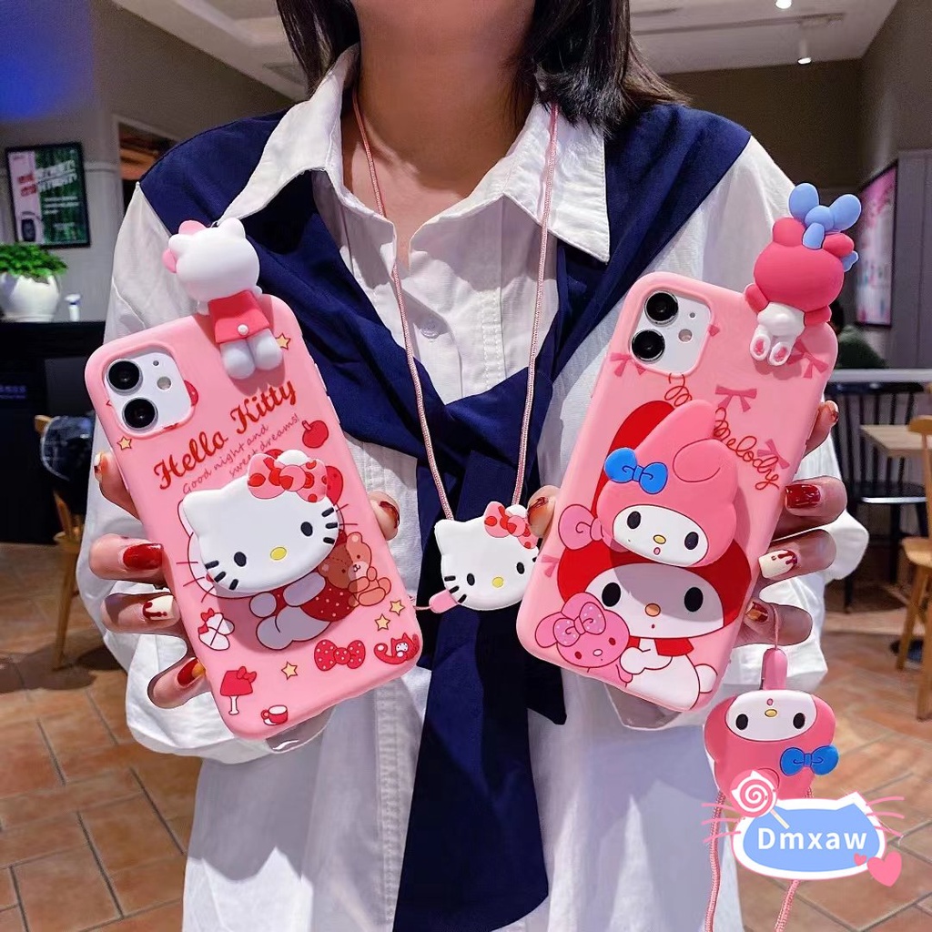 เคสโทรศัพท์มือถือ แบบนิ่ม ลายการ์ตูนคิตตี้ สีชมพู พร้อมสายคล้องคอ และขาตั้ง สําหรับ iPhone 14 Pro Max 14 Plus 13 12 11 Pro Max 12 13 Mini X XR XS Max 8 7 6 6s Plus
