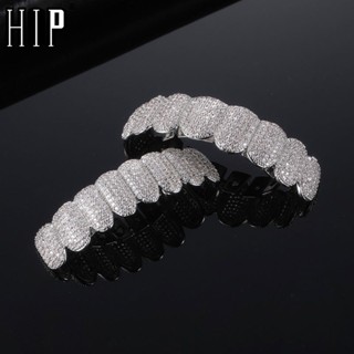 Hip Hop ฮิปฮอป เต็มรูปแบบ CZ หินฟัน Grillz หมวกลูกบาศก์เพทายเย็นออกไมโครปูด้านบน&amp;amp;ชุดเครื่องประดับ ของขวัญ สําหรับผู้ชาย และผู้หญิง