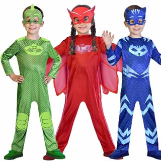 Pj Masks เด็ก Jumpsuits ชุดนอนคอสเพลย์เครื่องแต่งกายที่มีหน้ากากคาทบอยวันเกิดชุดสีฟ้าสีแดงสีเขียวคริสต์มาสเครื่องแต่งกาย