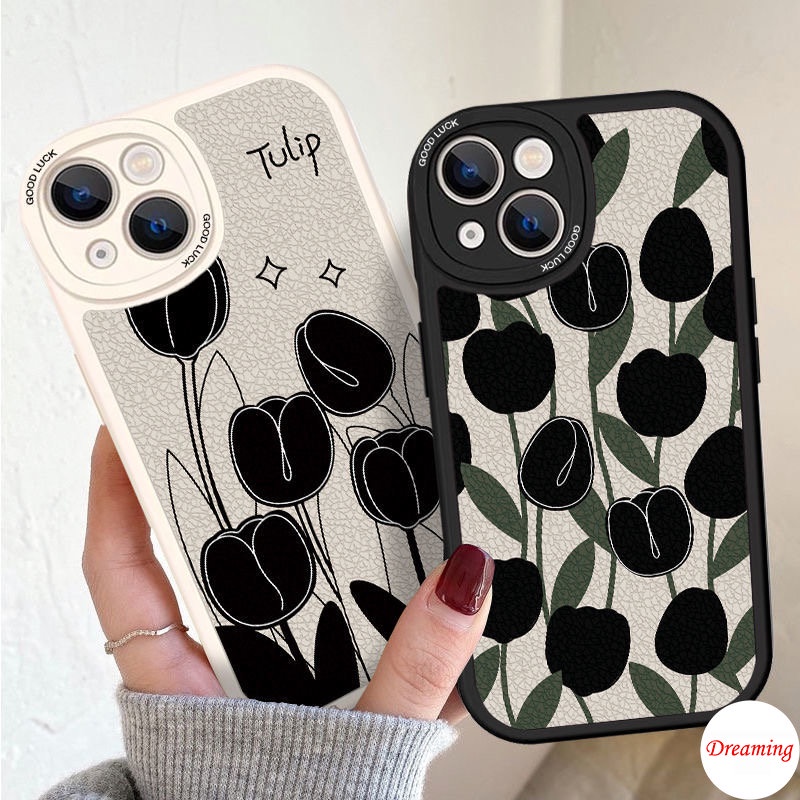 เคสโทรศัพท์มือถือนิ่ม ลายใบทิวลิป ตาโต สีดํา สําหรับ OPPO A98 A96 A95 A94 A93 A92 A91 A79 A78 A77S A76 A74 A57 A55 A54 A53 A38 A18 A33 A52 A31 A17 A16K A15S