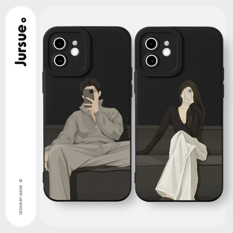 JURSUE เคสคู่ เคสไอโฟน คู่รัก กันกระแทกซิลิโคนนุ่มน่ารักตลก เคสโทรศัพท์ สีดำ Compatible for iPhone 16 15 14 13 12 11 Pro Max SE 2020 X XR XS 8 7 Plus พลัส Y2805