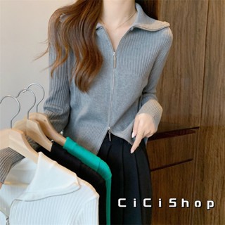 Cicishop(85122)เสื้อไหมพรมแขนยาวคอปกซิปหน้า ดูดได้2บนล่างผ้าร่องนิ่มใส่สบายสไตล์โคเรีย