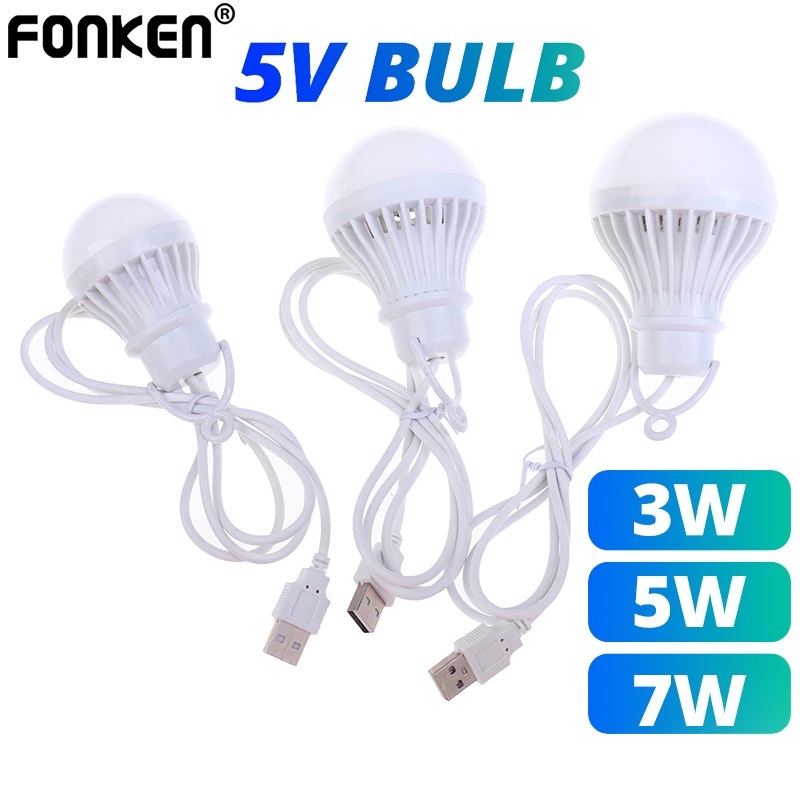 Fonken 3/5/7W USB หลอดไฟ LED แบบพกพา ตั้งแคมป์ หลอดไฟขนาดเล็ก 5V โคมไฟตั้งโต๊ะ สว่าง