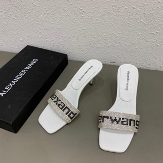 %AlexanderWangรองเท้าส้นสูงลําลองประดับเพชรเซ็กซี่สีขาวเหมาะกับฤดูร้อนสําหรับสตรี
