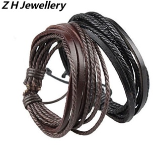 [Z H Jewelry] สร้อยข้อมือหนัง สไตล์ฮิปฮอป ร็อค หลายชั้น 17 ซม. ~ 21 ซม. เครื่องประดับแฟชั่นผู้ชาย