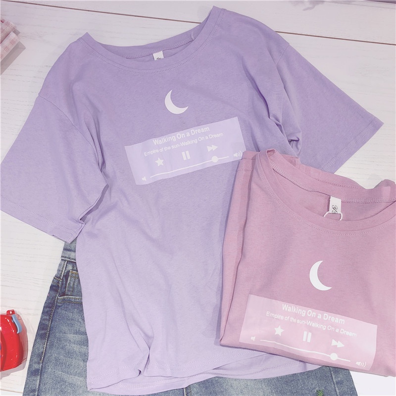 Coco บน ใหม่ ~ ~ใหม่สีม่วงสีชมพูหลวมพอดีแขนสั้นเสื้อยืดผู้หญิงเกาหลีรุ่นพลัสขนาดลำลองเสื้อยืดด้านบน