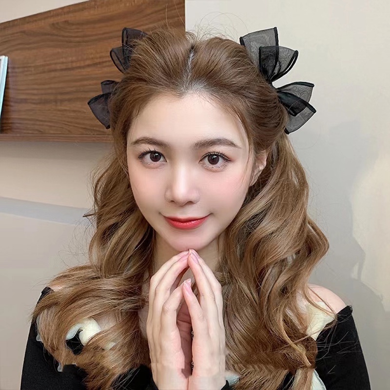กิ๊บติดผม ผ้าตาข่าย สองชั้น ประดับโบว์ สีดํา หรูหรา เข้ากับทุกการแต่งกาย สไตล์เกาหลี สําหรับผู้หญิง