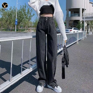 KOFO Korean กางเกงยีนส์  กางเกงทรงกระบอกใหญ่  ดีเทวกระดุม 2 เม็ด ซิปหน้า มีกระเป๋า 2 ข้าง เอวสูง ผ้าฮานาโกะ