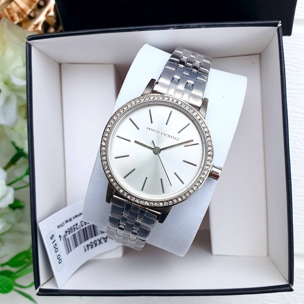 💚แท้💯 พร้อมส่ง💚นาฬิกา หน้าปัด 30 มม. Armani Exchange Ladies Three Hand Silver Stainless Steel Watch NIB AX5541