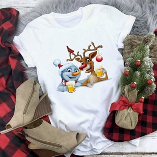 Merry Christmas  Harajuku Women T-shirt Vogue Kawaii Reindeer Santa Claus Print  White Casual Tee Femme