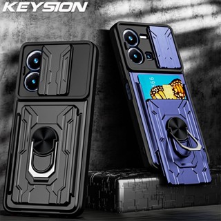 Keysion เคสโทรศัพท์มือถือ กันกระแทก พร้อมแหวนขาตั้ง และช่องใส่บัตร สําหรับ VIVO Y35 Y35 4G